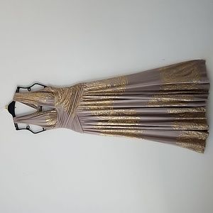 Rubber Ducky Bohemian Beige Gold Floral Halter Crossed Back Maxi Dress M (Bx31)